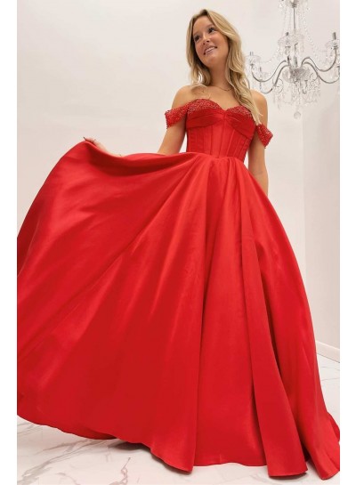 2024 Off the Shoulder Ball Gown Satin Sleeveless Beading Sweep/Brush Train Prom Dresses