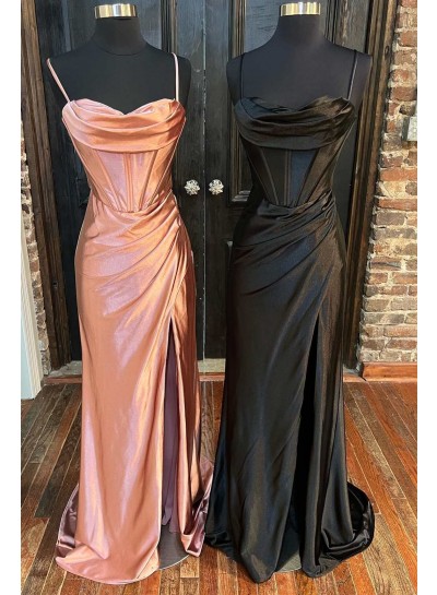 2024 Sheath/Column Satin Spaghetti Straps Sleeveless Ruched Brush Train Prom Dresses