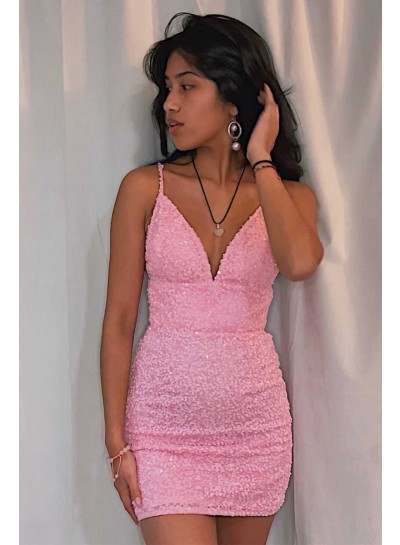 Pink V-neck Sequins Sheath/Column Short 2024 Sleeveless Homecoming/Graduation Party Dresses