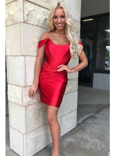 Off the Shoulder Column Sleeveless Short Silk like Satin 2024 Red Homecoming/Graduation Party Dresses