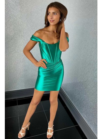 Short Emerald Column Silk like Satin Off the Shoulder Sleeveless 2024 Homecoming/Graduation Party Dresses