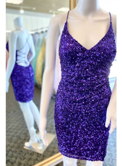 2024 Sheath/Column Sequins V-neck Sleeveless Purple Short/Mini Homecoming Dresses