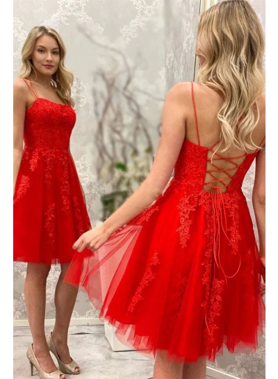 2024 A-line Red Tulle Appliques Spaghetti Straps Knee-Length Sleeveless Homecoming Dresses