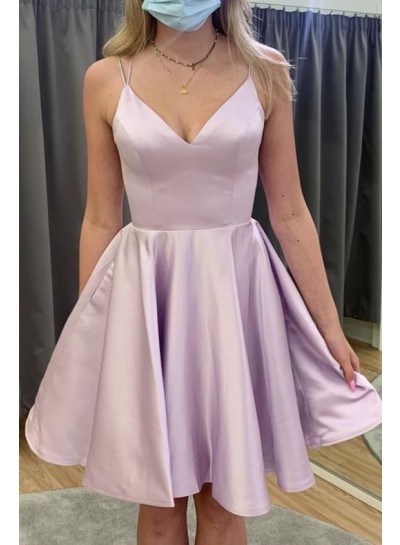 A-Line/Princess Silk like Satin V-neck Pink Sleeveless 2024 Knee-Length Homecoming Dresses