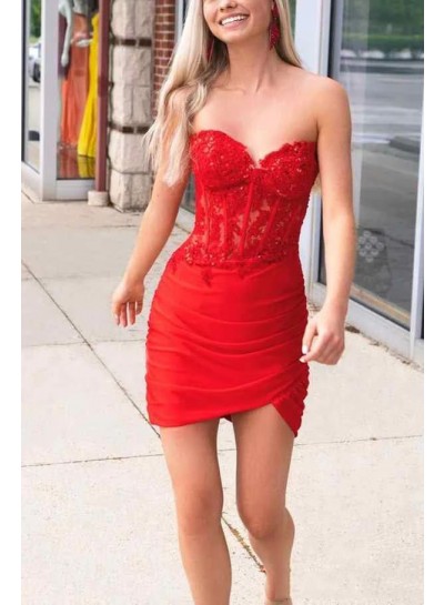 2023 Short/Mini Strapless Satin Sheath/Column Red Sleeveless Lace Homecoming Dresses