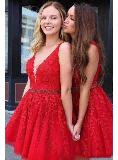 Appliques Red A-Line/Princess V-neck Tulle Knee-Length Sleeveless 2023 Homecoming Dresses