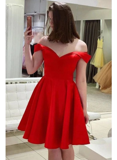 2024 Red Off the Shoulder A-Line/Princess Satin Knee-Length Sleeveless Homecoming Dresses