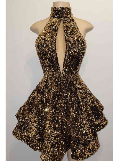 2024 Ball Gown Halter Champagne Sequins Short/Mini Layers Sleeveless Homecoming Dresses