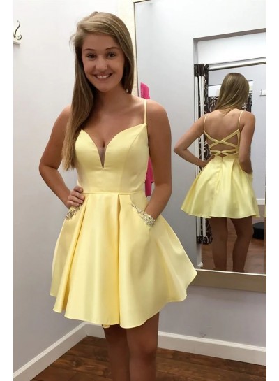 Light Yellow V-neck Ball Gown Beading Silk like Satin Short Sleeveless 2024 Homecoming Dresses