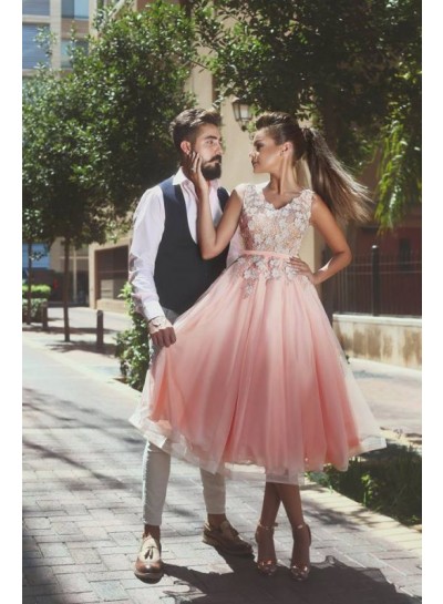 2023 A-Line/Princess Appliques V-neck Tulle Sleeveless Pink Tea-Length Homecoming Dresses