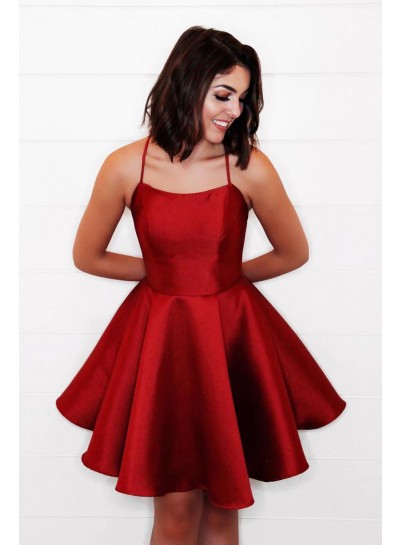 Ball Gown Red Spaghetti Straps Satin Short/Mini Sleeveless 2024 Homecoming Dresses