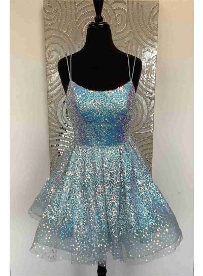 Blue Ball Gown Spaghetti Straps Sequins Short/Mini Sleeveless 2024 Homecoming Dresses