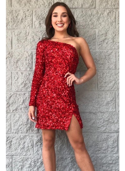 Sheath/Column Red Long Sleeves Short/Mini One Shoulder Sequins 2024 Homecoming Dresses