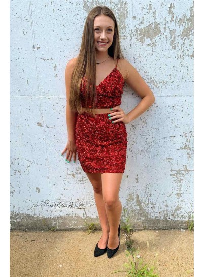 2023 Red V-neck Sheath/Column Sequins Sleeveless Short/Mini Two Pieces Homecoming Dresses