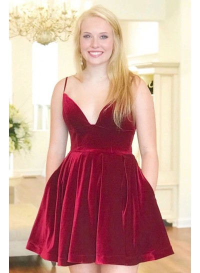 2024 A-Line Velvet V-neck Short/Mini Red Sleeveless 2024 Homecoming Dresses
