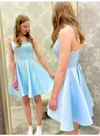 2024 A-Line/Princess Silk like Satin Blue Spaghetti Straps Sleeveless Tea-Length Homecoming Dresses