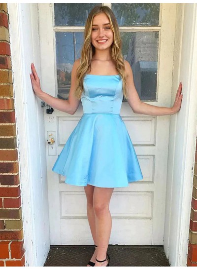 A-Line/Princess Spaghetti Straps Blue Silk like Satin Short Sleeveless 2024 Homecoming Dresses