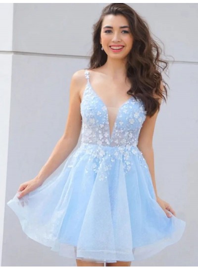 2024 A-Line/Princess Appliques V-neck Tulle Short/Mini Blue Sleeveless Homecoming Dresses