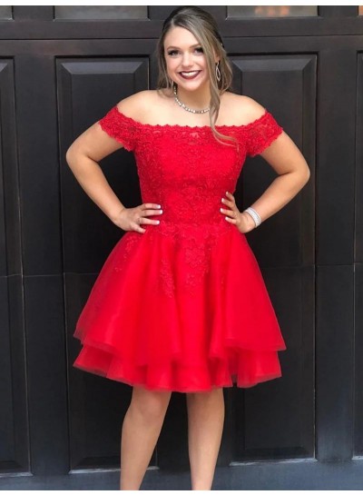 Red Off the Shoulder Tulle A-Line/Princess Appliques Short Sleeveless 2024 Homecoming Dresses