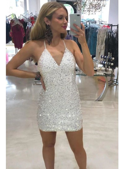 Halter Column Sequins Short/Mini Sleeveless White 2023 Homecoming/Graduation Party Dresses