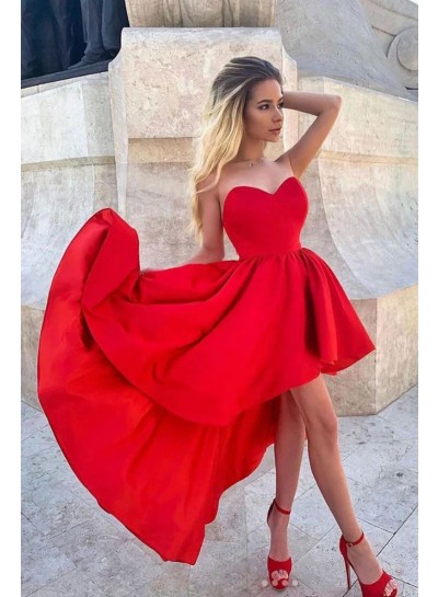 A-Line/Princess Red Sweetheart High-Low Satin Sleeveless 2024 Homecoming Dresses