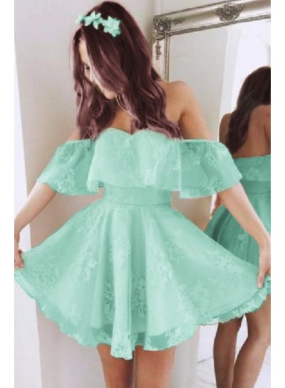 Ball Gown Off the Shoulder Lace Mint Green 2024 Short/Mini Sleeveless Homecoming Dresses