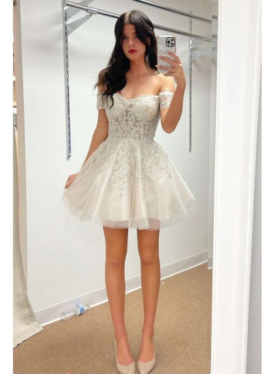 2023 Ball Gown Appliques Off the Shoulder Ivory Tulle Short/Mini Sleeveless Homecoming Dresses