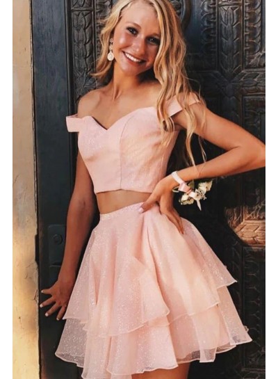 2024 A-Line Sleeveless Pink Off the Shoulder Tulle Short Layers Two Pieces Homecoming Dresses