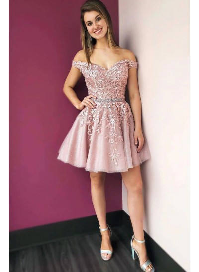 2024 Dusty Rose A-Line Appliques Off the Shoulder Tulle Short Sleeveless Homecoming Dresses