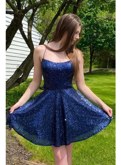 2024 Spaghetti Straps A-Line/Princess Royal Blue Sequins Short/Mini Sleeveless Homecoming Dresses