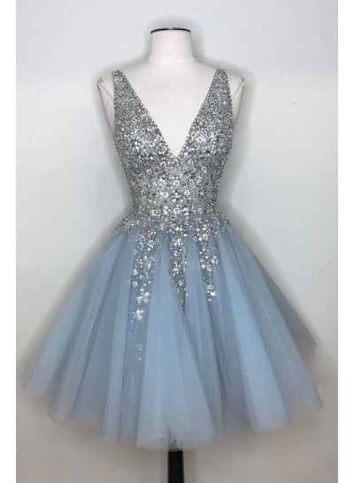2024 A-Line/Princess Tulle V-neck Light Sky Blue Sleeveless Sequins Short/Mini Homecoming Dresses