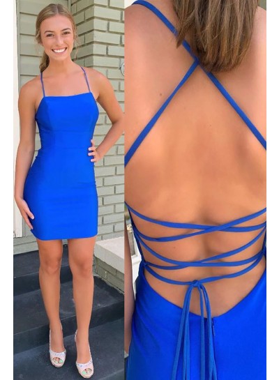 2024 Sheath/Column Royal Blue Spaghetti Straps 2024 Short Satin Sleeveless Homecoming Dresses