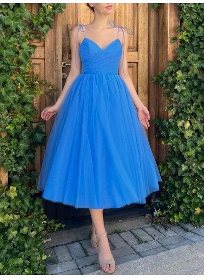 A-Line 2024 Spaghetti Straps Tulle Ruched Tea-Length Sleeveless Royal Blue 2024 Homecoming Dresses