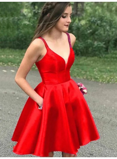 A-Line/Princess Red V-neck Silk like Satin Sleeveless Short/Mini 2024 Homecoming Dresses