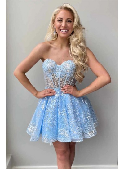 2024 Ball Gown Blue Lace Long Sleeves Sweetheart Short/Mini Homecoming Dresses