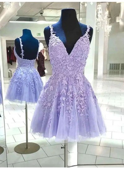 2024 A-Line V-neck Lavender Short/Mini Sleeveless Tulle Appliques Homecoming Dresses