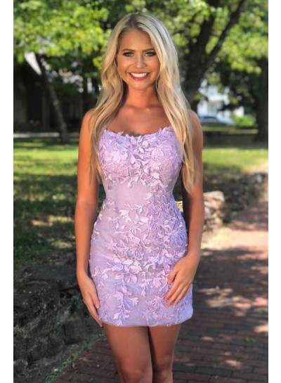 2024 Sheath/Column Spaghetti Straps Lace Lavender Short/Mini Sleeveless Homecoming Dresses