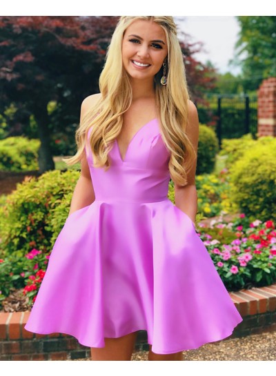 A-line/Princess V-neck Silk like Satin Sleeveless Short Fuchsia 2024 Homecoming Dresses