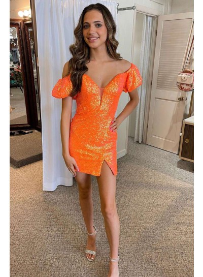 2023 Column Orange Off the Shoulder Sequins Short/Mini Sleeveless Homecoming Dresses