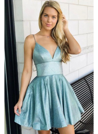 A-line/Princess Blue V-neck Sequins Short/Mini Sleeveless 2024 Homecoming Dresses