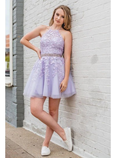 2024 A-line/Princess Lavender Halter Tulle Appliques Short Sleeveless Homecoming Dresses