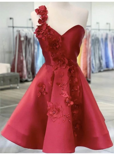 2024 Ball Gown Red Hand-Made Flowers Satin One Shoulder Sleeveless Short Homecoming Dresses
