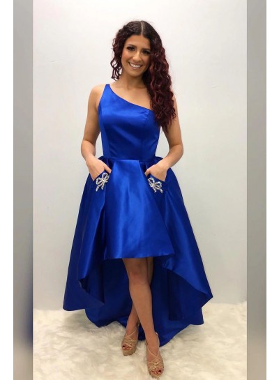 2023 A-line Beading Royal Blue One Shoulder Sleeveless Silk like Satin High-Low Homecoming Dresses