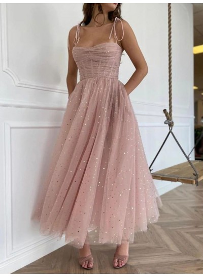 2024 A-line Spaghetti Straps Dusty Rose Tulle Floor-Length Sleeveless Homecoming Dresses
