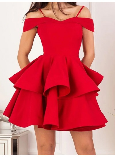 2024 Off the Shoulder Red A-line Satin Layers Sleeveless Short/Mini Homecoming Dresses
