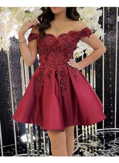 2024 Red Off the Shoulder Ball Gown Appliques Satin Sleeveless 2024 Homecoming Dresses