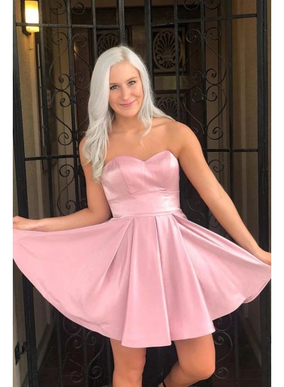 A-line/Princess Pink Sleeveless Strapless Satin Mini/Short 2024 Homecoming Dresses