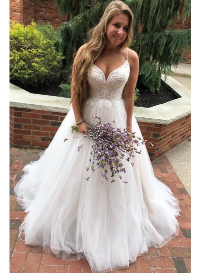 V-neck A-line/Princess Tulle White Sleeveless Brush Train Appliques Wedding Dresses
