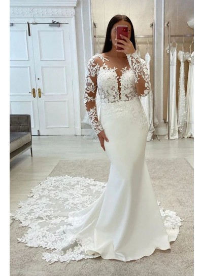 Sheath/Column Sheer Neck Long Sleeves Satin Appliques White Brush Train Wedding Dresses
