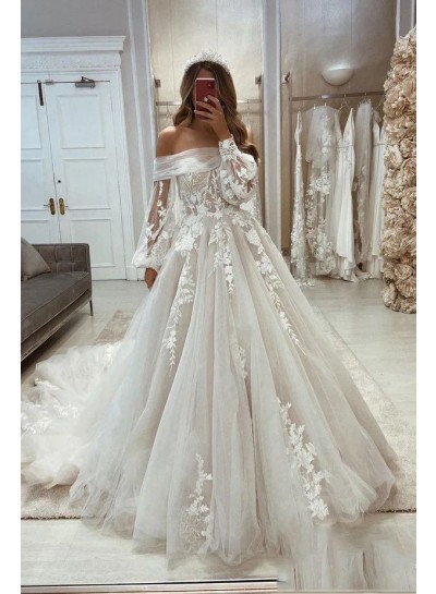 Off the Shoulder Tulle Long Sleeves Appliques Ivory Ball Gown Brush Train Wedding Dresses